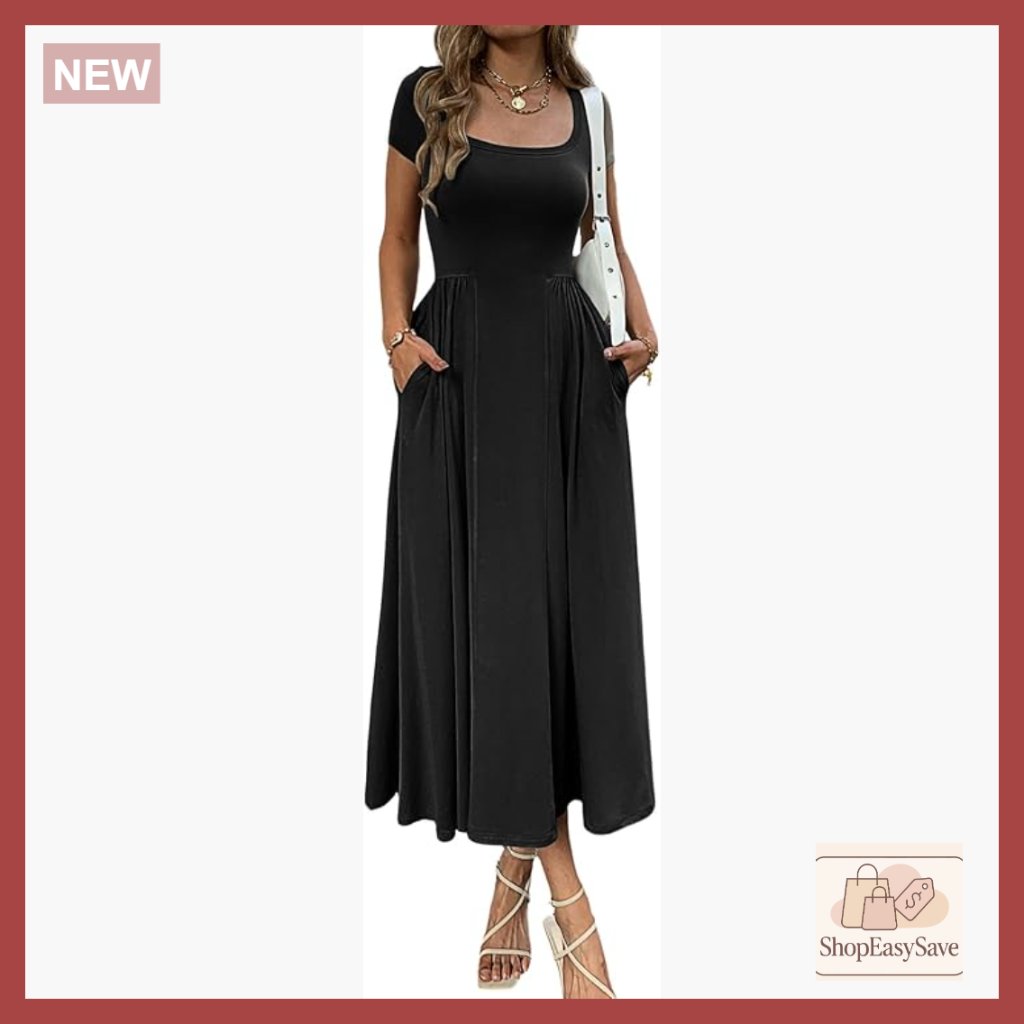 Square Neck Pleated A-Line Maxi Dress Flowy Swing Summer Sundress With Pockets